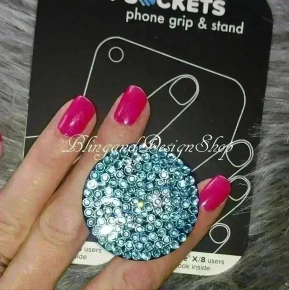 Handmade Bling Customized Black Popsocket made with Teal Swarovski Crystals - Picture 3 of 5